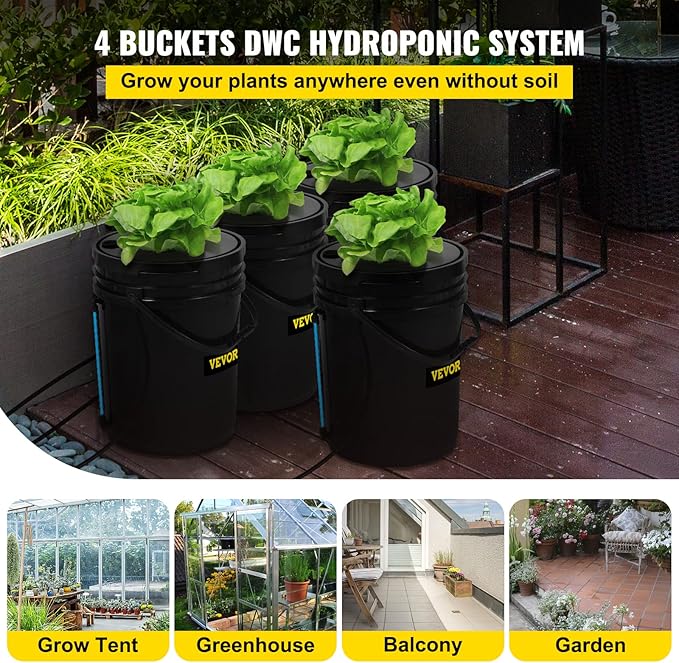 VEVOR DWC Hydroponic System 5 Gallon 4 Buckets Deep Water Culture Growing Bucket Hydroponics Grow Kit with Pump Air Stone and Water Level Device for Indoor/Outdoor Leafy Vegetables