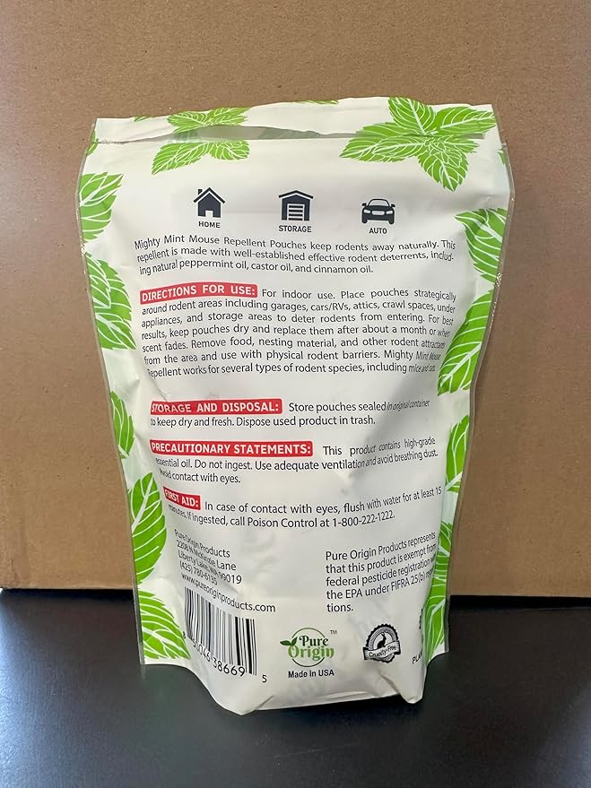 Mighty Mint Mouse Repellent Pouches – Peppermint Castor Oil &amp Cinnamon Formula – Natural Indoor Deterrent for Mice and Rodents – Plant-Based Long-Lasting Protection – 12 Count (Pack of 2)