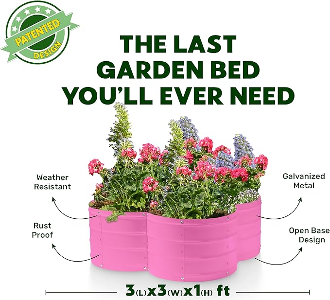 Plant &amp Plot Galvanized Raised Garden Beds Outdoor // 3×3×1 ft Planter Raised Beds for Gardening Vegetables Flowers // Large Metal Garden Box (Pink) // Patented Tool-Free Design