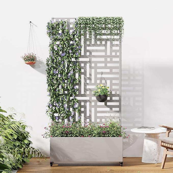 Casaphoria Metal Raised Garden Bed with Trellis and Wheels 72x35x16 Planter Box for Climbing Plants Vegetables &amp Vines Features Drainage Holes and Privacy Screen (Grey-Helen)