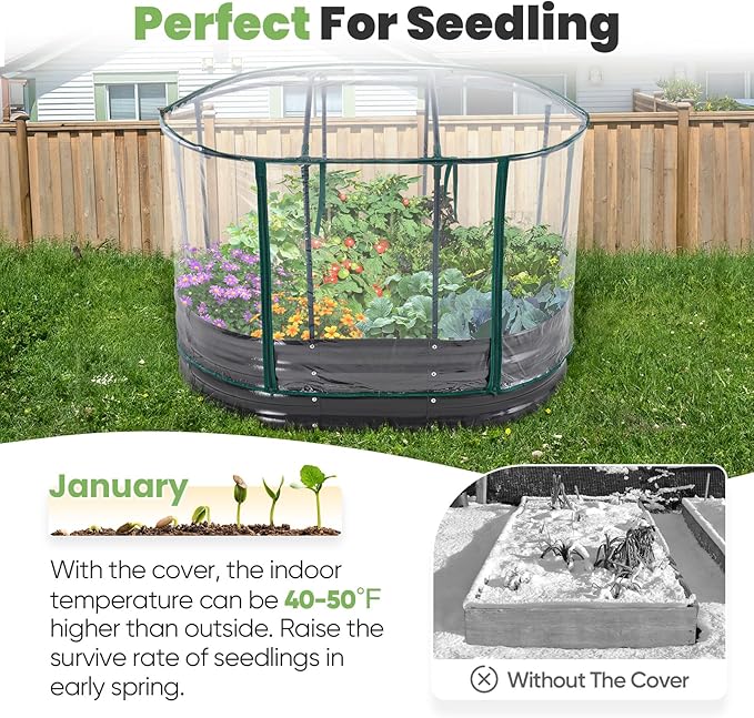 KING BIRD Raised Garden Bed with Cover Galvanized Oval Planter Garden Box Outdoor for Gardening Vegetables Flowers 47.2x35.4x11.8 in Clear
