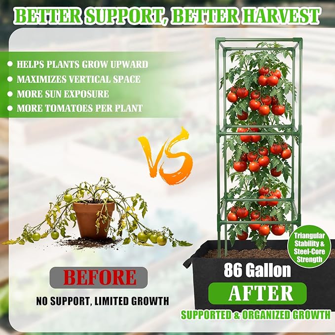 3-Pack Tomato Cage with 86 Gallon Raised Garden Bed - Anti Collapse Steel Core Plant Support System for Climbing Vegetables Plants Flowers 41 Adjustable Vertical Tomato Trellis for Garden Balcony