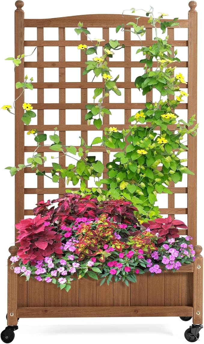 Topeakmart Wood Garden Raised Bed Lattice Vine Climbing Plant Box Pot with Trellis &amp Rolling Wheels for Garden Yard Outdoor Easy Movable