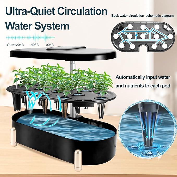 Hydroponics Growing System Indoor Garden:12 Pods Plant Kit Aeroponic Herb Vegetable Growth Lamp Countertop with LED Grow Light Adjustable Height Up to 20.47inch (Blackish Green One-Size)