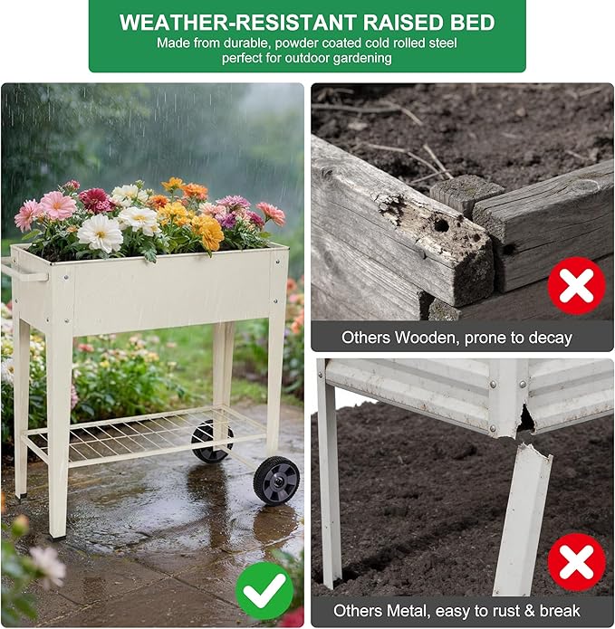 Elevated 32 Tall Raised Garden Bed with Legs and Wheels for Mobility Metal Planter Boxes Outdoor with Shelf Raised Bed for Gardening Vegetables/Herbs Backyard Patio Balcony White