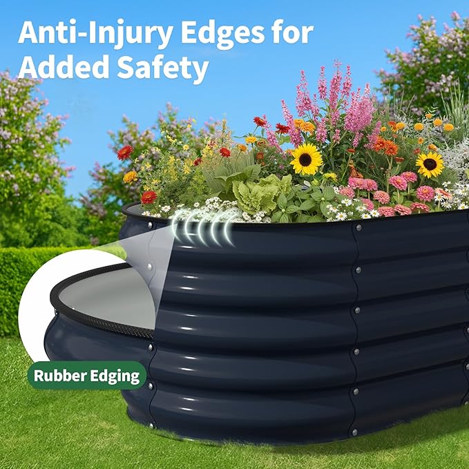 Kesfitt Raised Garden Bed Metal Galvanized Steel Oval Garden Bed 8x2x1.5 ft with 18-Inch Deep Open-Bottom Design for Outdoor Vegetable Gardening Midnight Blue