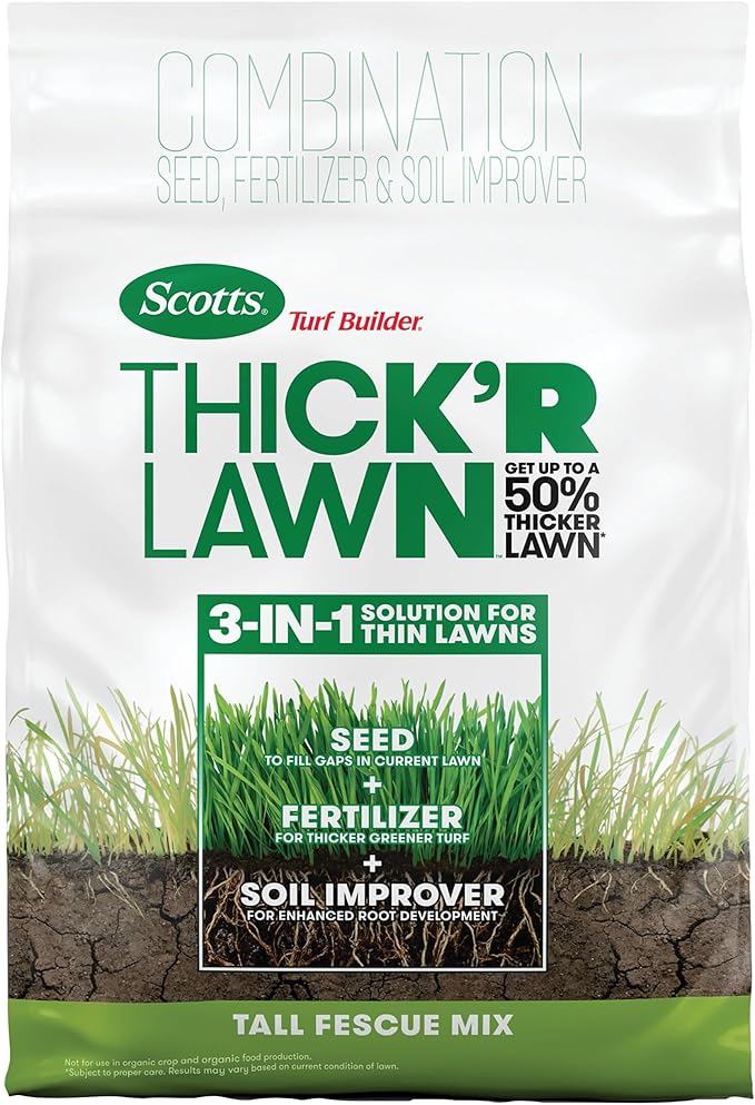 Scotts Turf Builder Thick'R Lawn Tall Fescue Mix Combination Seed Fertilizer and Soil Improver Thickens Thin Grass 12 lbs
