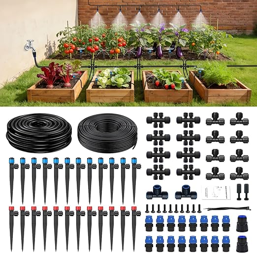 250FT Drip Irrigation System Kit New Quick-Connect Automatic Garden Watering Misting System for Greenhouse Yard Lawn Plant with 5/16 inch Hose 1/4 inch Distribution Tubing and Accessories