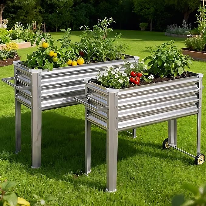 Land Guard 2 Pack Galvanized Raised Garden Bed with Legs &amp Wheels 36×12×32in Metal Elevated Raised Planter Box for Backyard Patio Balcony 300lb Capacity Silver