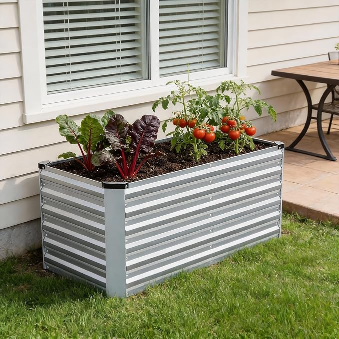INNO STAGE 4x2x2ft Galvanized Raised Garden Bed Raised Garden Bed Kit-Metal Planter Box Outdoor Planting for Vegetables Fruits Herbs Flowers Silver