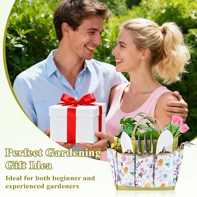 15-Piece Garden Tool Set for Women Heavy Duty Gardening Kit with Floral Garden Bag Steel Garden Hand Tools Plant Labels Gloves Gardening Gift Basket for Men Gardeners Plant Lovers Green