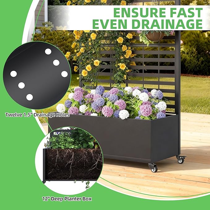 Metal Planter Box with Trellis 73x 35x 16 Raised Garden Bed with Wheels and Drainage Holes Planter with Trellis for Garden Balcony and Patio Black Louvered