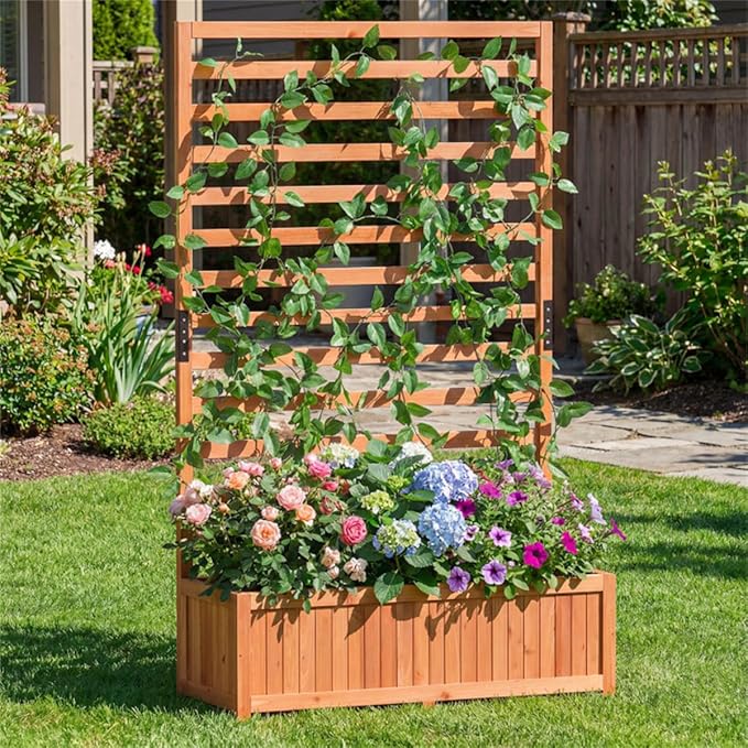 Fir Wood Raised Garden Bed with Trellis 91.44×35.56×149.86 cm Orange Planter Box with Drainage Liner 88 lbs Capacity for Climbing Plants