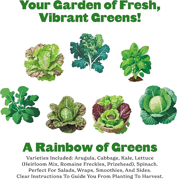 Epic Gardening Eat Your Greens Seed Kit - 7 Heirloom &amp Non-GMO Varieties Includes Kale Spinach Arugula &amp Romaine Lettuce Grow Fresh Greens for Salads Smoothies Healthy Meals Ideal for B