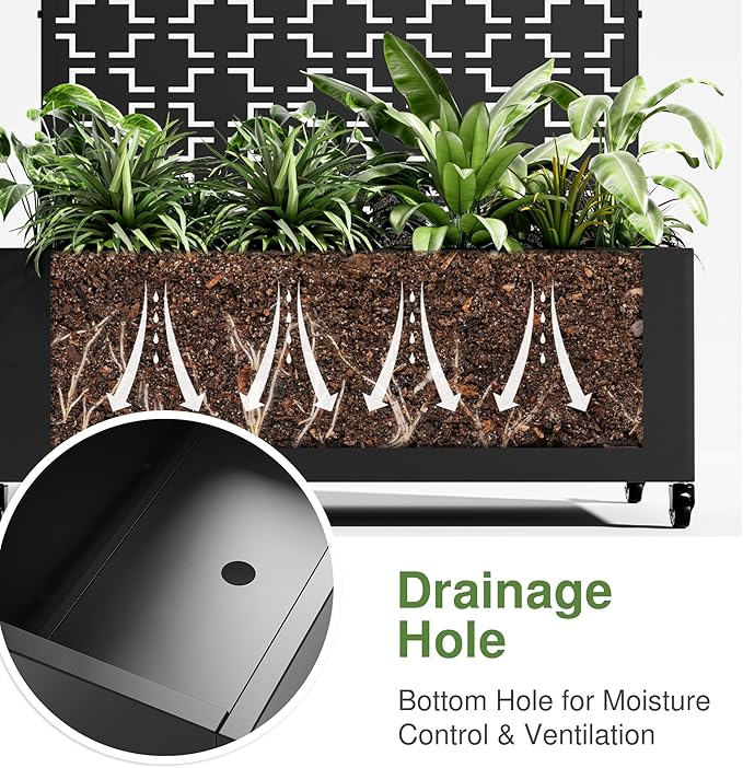 Casaphoria Metal Raised Garden Bed with Trellis and Wheels 72x35x16 Arched Planter Box for Climbing Plants Vegetables &amp Vines Features Drainage Holes and Privacy Screen (Black-Square)