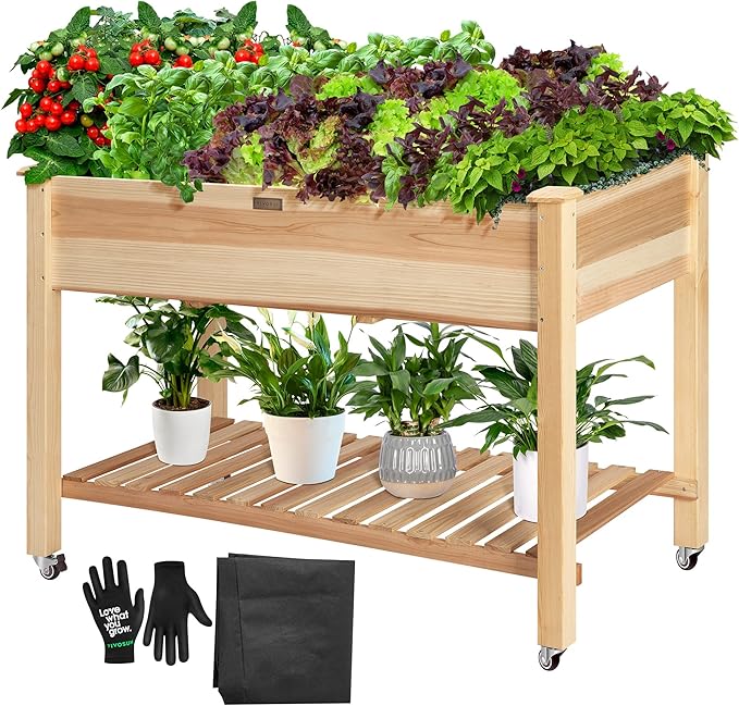 VIVOSUN Elevated Wooden Raised Garden Bed 46 x 24 x 32 Inches Mobile Outdoor Planter Box with Storage Shelf and Protective Liner for Outdoor Use with Lockable Wheels