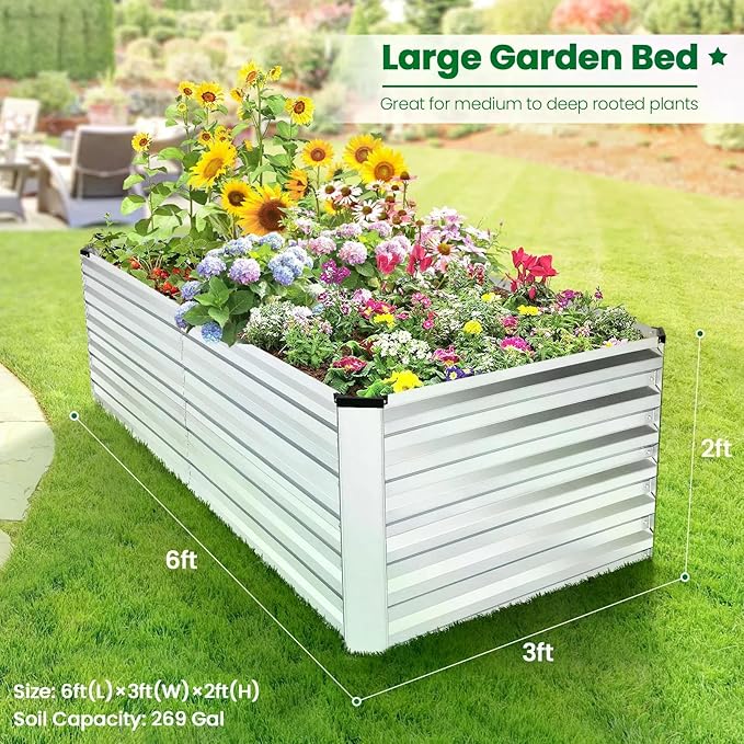 Homdox 6x3x2FT Galvanized Raised Garden Bed 0.8mm Thickened Planter Raised Beds Large Metal Planter Box for Vegetables Flowers Herbs and Succulents 269 Gallon Capacity Silver