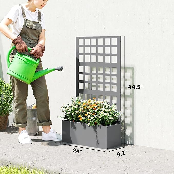 Outsunny Galvanized Raised Garden Bed with Trellis Metal Planter Box with Drainage Holes Outdoor Privacy Screen for Climbing Plants Vegetable Vines 24 x 9 x 44.5 Gray