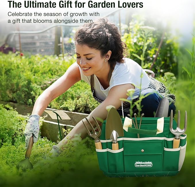 GardenHOME 7-Piece Green Gardening Tool Set – Stainless Steel Tools with Wooden Handles Folding Stool &amp Canvas Tote Durable Garden Kit for Every Gardener