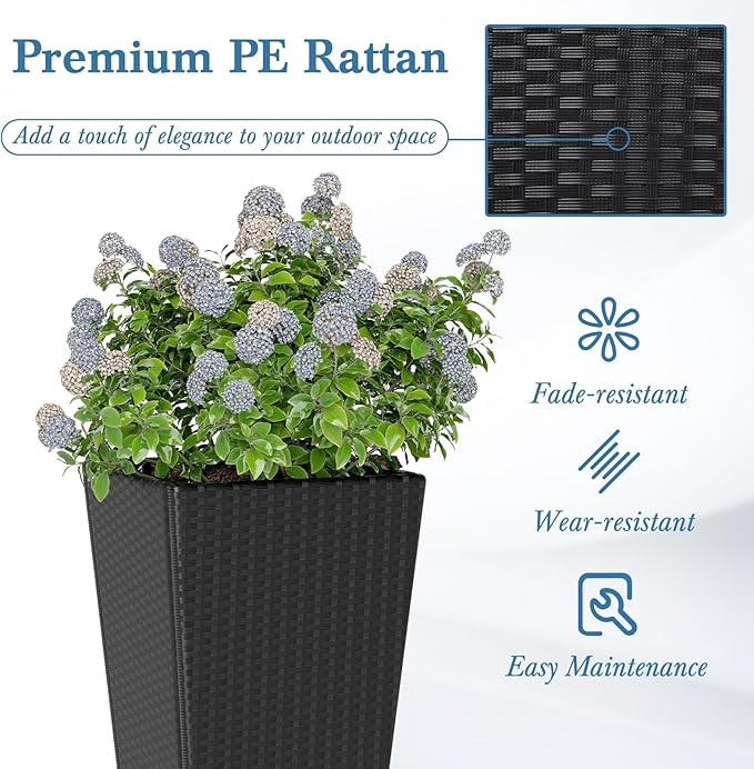 HAPPYGRILL 30 Tall Flower Pot Set of 2 Modern Decorative Planter Pots w/Open-Ended Base PE Rattan Frame Non-Woven Soil Bag Square Textured Flower Pots for Outdoor Garden Patio Front Porch