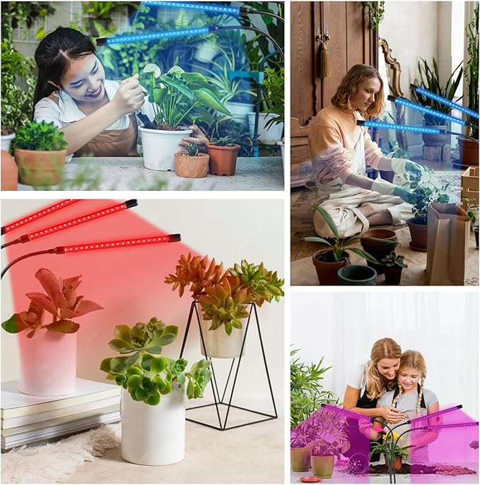 LED Grow Light with Full Spectrum Clip Plant Growth Lamp with Red and Blue LEDs for Indoor Plants 10 Levels Dimmable 3/9/12H Timer 4 Heads