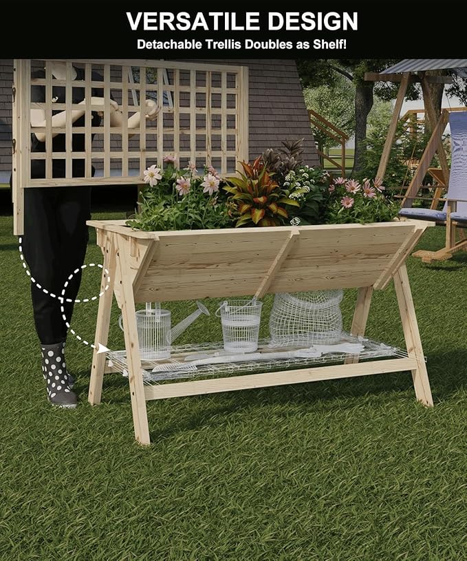 GarveeLife 52x30x54 Inch Tall Elevated Garden Bed with Legs Standing Raised Planter Box with Climbing Trellis for Vegetables Flowers Herbs Outdoor Wooden Standing Garden Bed-Natural