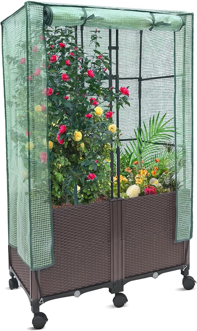 MAYOLIAH 3-in-1 Raised Garden Bed Large Planter Box with Trellis &amp Cover on Wheels Plastic Tomato Planter with Greenhouse for Deep Rooted &amp Climbing Plants 31.5x15.7x53-inch Brown