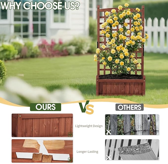Outvita Mobile Wood Planter Box with Trellis &amp Locking Wheels Standing Raised Garden Bed with Drainage Holes for Outdoor Climbing Plants Vine Flowers Herbs (Cedar Brown)