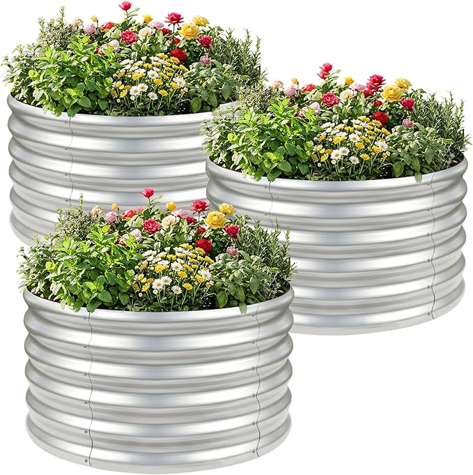 AHEONLAR 3PCS 2x2x2FT Galvanized Raised Garden Bed Kit Round Metal Flower Box Large Planter Raised Beds Outdoor Garden for PlantingFruitHerb Silver