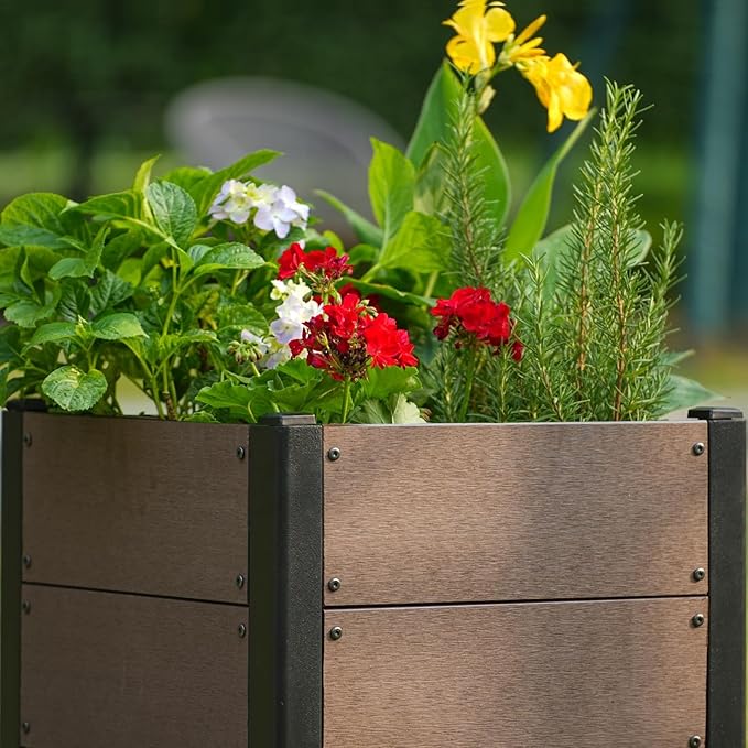Elevated Wood-Look Garden Bed Planter Box – Durable Composite Material Deep Root Design Outdoor Space-Saving Easy Assembly – for Vegetables Herbs Flowers – 19.29 x 19.29x 17.72with Bottom