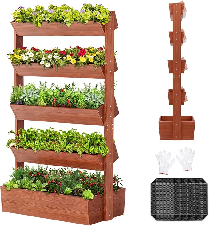 SUNYRISY 5 Tiers Vertical Wooden Raised Garden Bed Outdoor Freestanding Garden Planter Box Stand for Planting Herbs Flowers Vegetables Outdoor Gardening