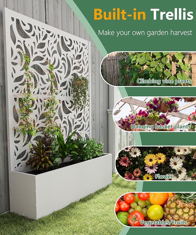 2PCS Metal Planter Box with Trellis70.9x47.2x15.7 Raised Garden Bed with Drainage Holes Privacy Planters for Outdoor Garden Bed for Climbing PlantsVegetablesand Vines White-Flower