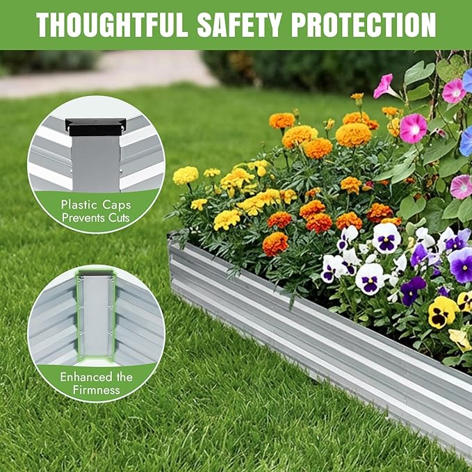 INNO STAGE Galvanized Raised Garden Bed Kits 8x2x1ft Metal Raised Garden Beds Outdoor Large Steel Raised Planter Bed with Gloves for Vegetables &amp Flowers Patio Ground Planter Box(Silver 2PCS)