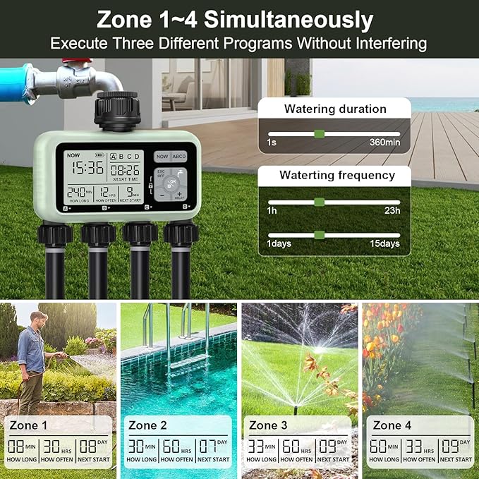 Watering Timer 4 Zone Sprinkler TimerProgrammable Garden Outdoor Hose Faucet Timer with Rain Delay/Manual/Automatic Watering SystemWater Hose Irrigation Timers 4 Outlet for Garden