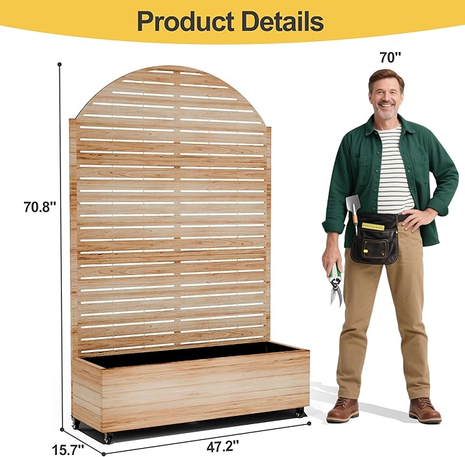 Raised Garden Bed with Arched Trellis and Wheels73x47x16 Metal Raised Garden BedAcacia Finish Metal Planter with Climbing Trellis for Vines &amp Vegetables