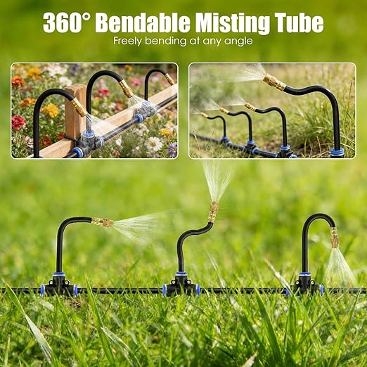 360° Bendable Drip Irrigation System 49FT 5/8 Tubing Hose with 20 Adjustable Misting Nozzles Complete Kit with Faucet Connector for Garden Greenhouse Yard Lawn – Easy Automatic Watering