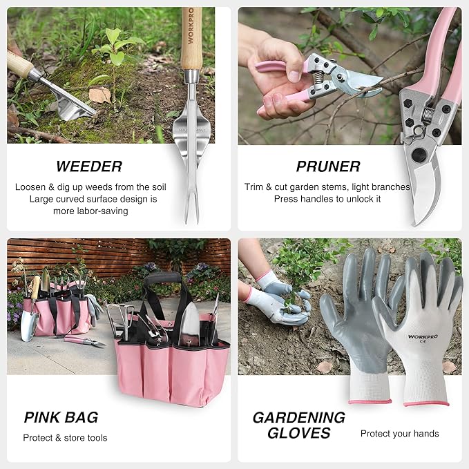 WORKPRO 8-Piece Pink Garden Tool Set Stainless Steel Gardening Tools with Wood Handle Including Garden Tote Gloves Trowel Hand Weeder Cultivator and More Gardening Gifts For Women - Pink Ribbon