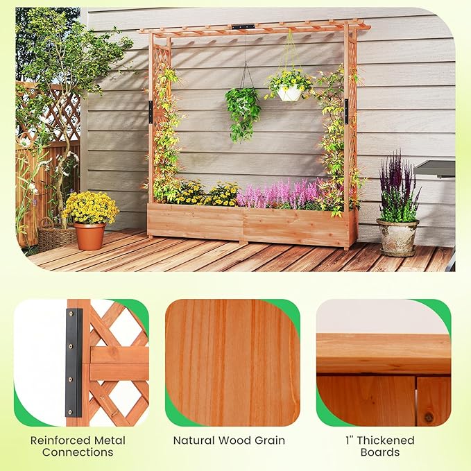 Giantex Raised Garden Bed with Trellis &amp Hanging Roof Wood Planter Box with Bottom and Drainage Holes Freestanding Garden Planter for Flower Vegetable Fruit Herb Climbing Vines 77x17x72