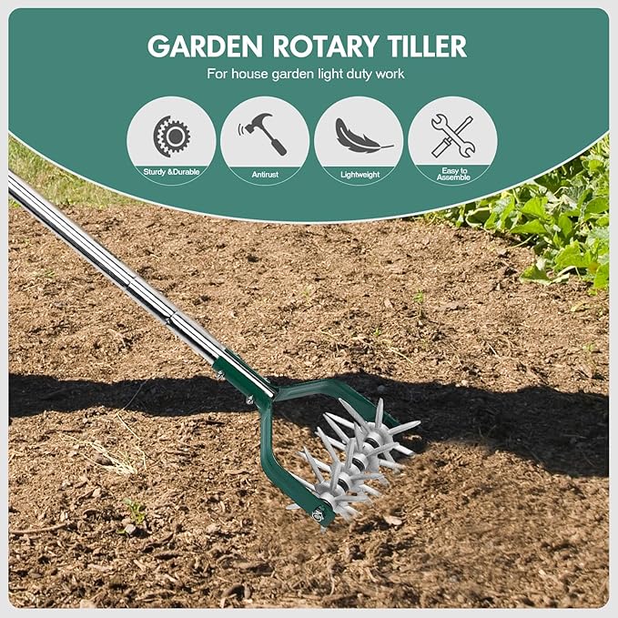 Garden Cultivator Adjustable Stainless Steel Handle fine Rotary Cultivator Tiller for Small Scale Gardens Soil Loosening Lawn Aeration Fertilizer Mixing &amp Planting Preparation