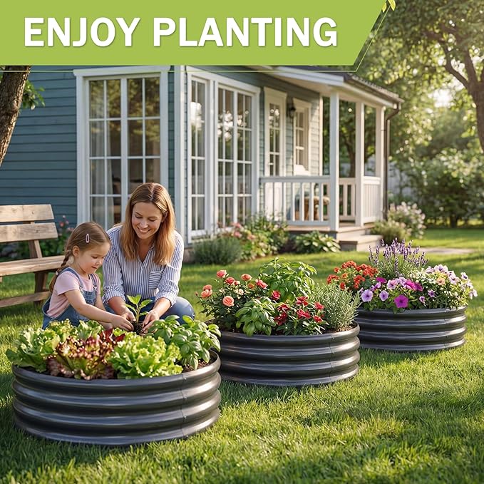 AHEONLAR 3Pack 2x2x1 ft Round Galvanized Raised Garden Bed Kit Round Metal Flower Box Large Planter Raised Beds Outdoor Garden for PlantingFruitHerb-Grey