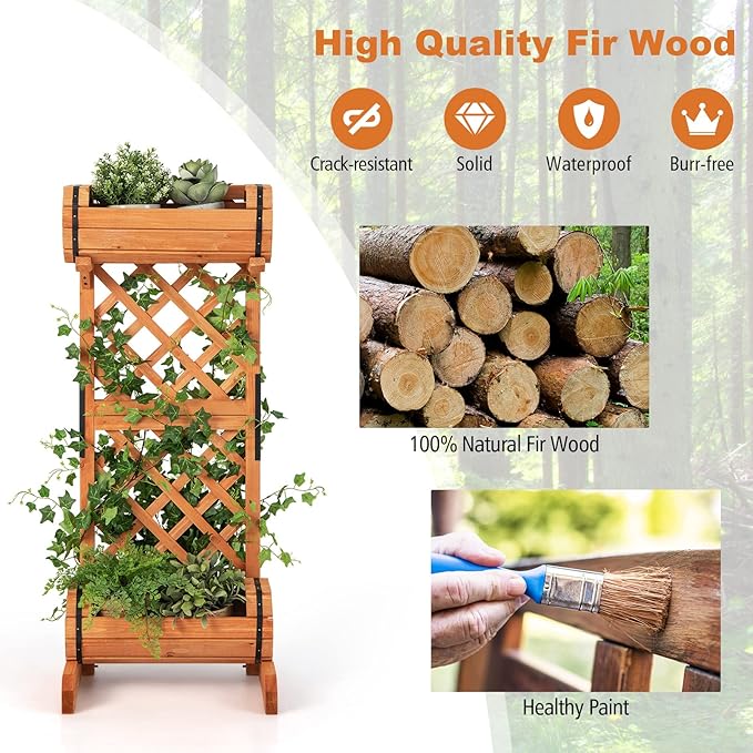 S AFSTAR Raised Garden Bed with Trellis Outdoor Wood Garden Planter W/ 2-Tier Round Planter Box &amp Trellis for Vine Climbing Plants Growing Vertical Plant Container for Garden Patio Balcony Oran