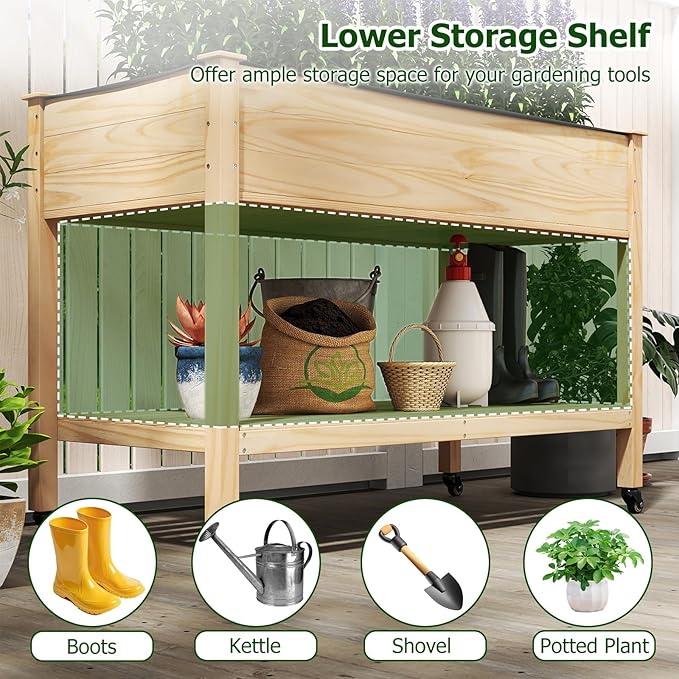 Giantex Mobile Raised Garden Beds Set of 2 Wood Planter Box with Wheels Storage Shelf &amp Liner 47”x23”x33” Rolling Raised Bed for Indoor Outdoor Plants Vegetables Flower Herbs Fruit Gardening