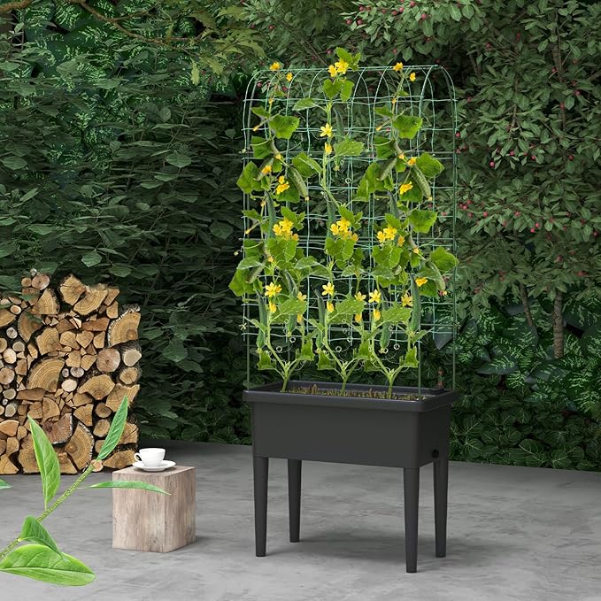 Happygrill Raised Garden Bed with Trellis 4 in 1 Self-Watering Planter w/Water Level Observer Drainage Holes Climbing Net &amp Detachable Legs Garden Cucumber Planter for Vegetables Flowers