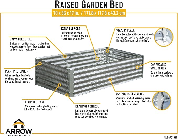 Arrow Sheds GrowIT Galvanized Steel Raised Flower and Plant Bed for The Garden or Greenhouse 72 x 36 x 17