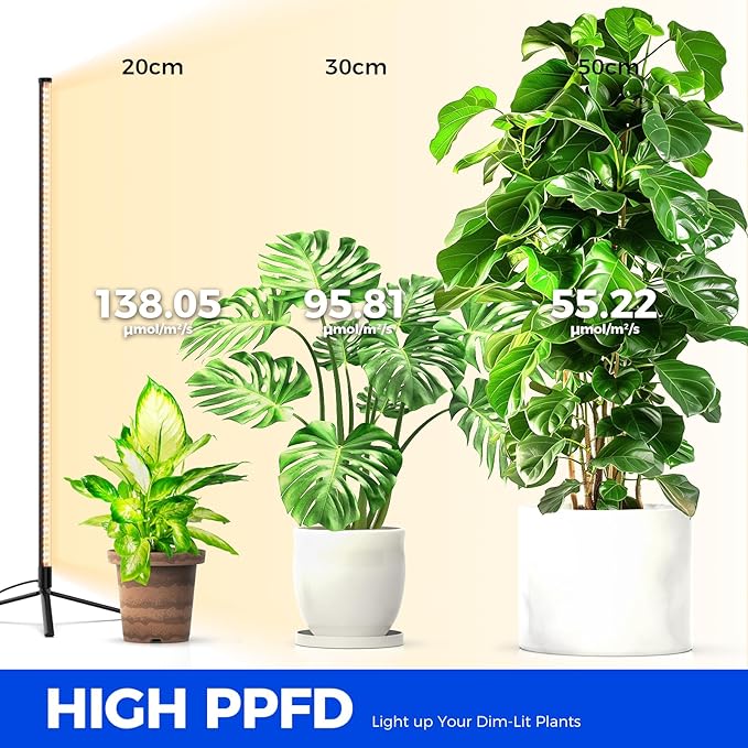 Barrina Grow Lights for Indoor Plants with Stand 42W 169 LEDs Full Spectrum Wide Illumination Area T10 Vertical Standing Plant Grow Light 4FT Height with On/Off Switch and Tripod Floor Stand