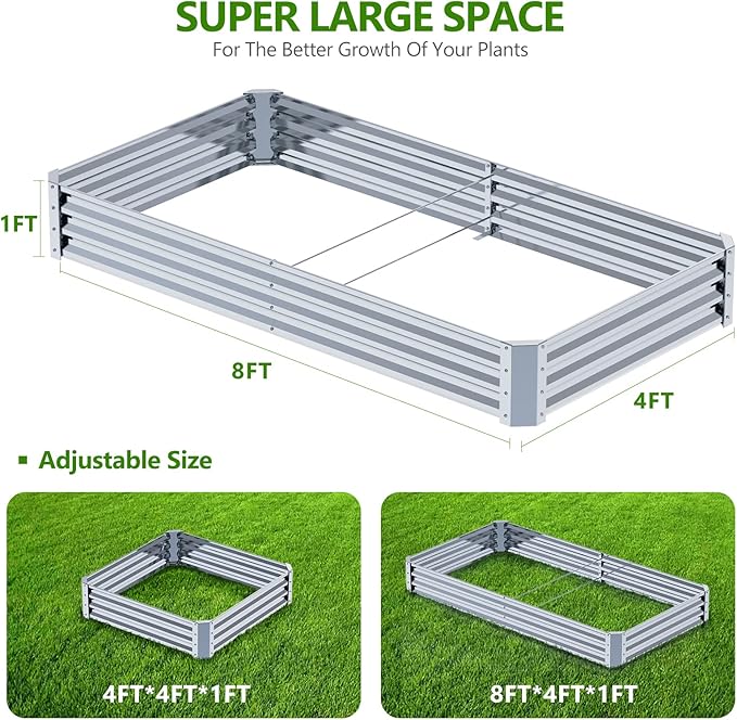 8×4×1FT Galvanized Raised Garden Bed Kit PETNOZ Easy Quick Setup Raised Garden Boxes Outdoor With Metal Stake To Fix Optional Size Rustproof Planter Box With No Bottom For Vegetables Flowers Herbs