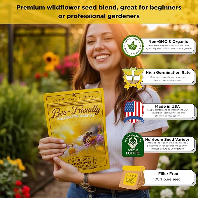 Camas Wildflower Seeds Bulk 1/4 lb – Perennial &amp Annual Wildflower Seed Mix for Planting Outside Pure Seed No Fillers Wild Flower Seeds Throw and Grow for Bees &amp Pollinators