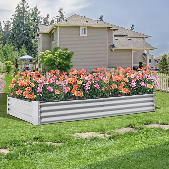 Domi Galvanized Raised Garden Bed 6x3x1Ft Thickening Metal Planter Box for Vegetables Bottomless for Backyard Outdoor 1 Deep w/ 128 Gallon Capacity - Silvery