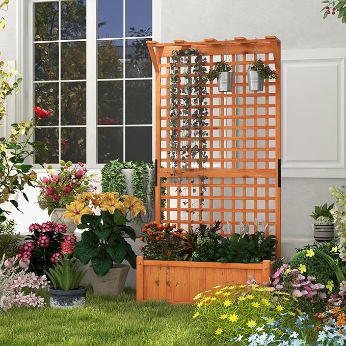 Giantex 2 Pcs Raised Garden Bed with Trellis &amp Roof 72.5 Wooden Garden Bed High Trellis for Plant Flower Climbing Pot Hanging Indoor &amp Outdoor Planter Box for Yard Garden Balcony