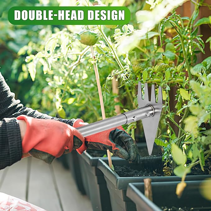 Dual Headed Hoe Garden Tool Adjustable Long Handle Weed Puller Stainless Steel Hoe Cultivator and Weed Rake Gardening Tool for Gardening Planting Weeding Digging Loosening Soil